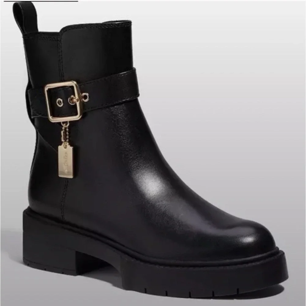 Coach Lacey Black Leather Lug-Sole Zip Up Ankle Buckle‎ Boots Black Sz-8